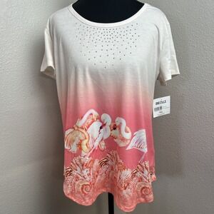 Coral Bay Pullover Top Women's PXL Pink Flamingo Watercolor Ocean‎ Rhinestone